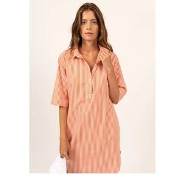 Saint James Sz 12 Orange Red PinStripe Cotton 3/4 Sleeve Collared Shirt Dress - Picture 1 of 13